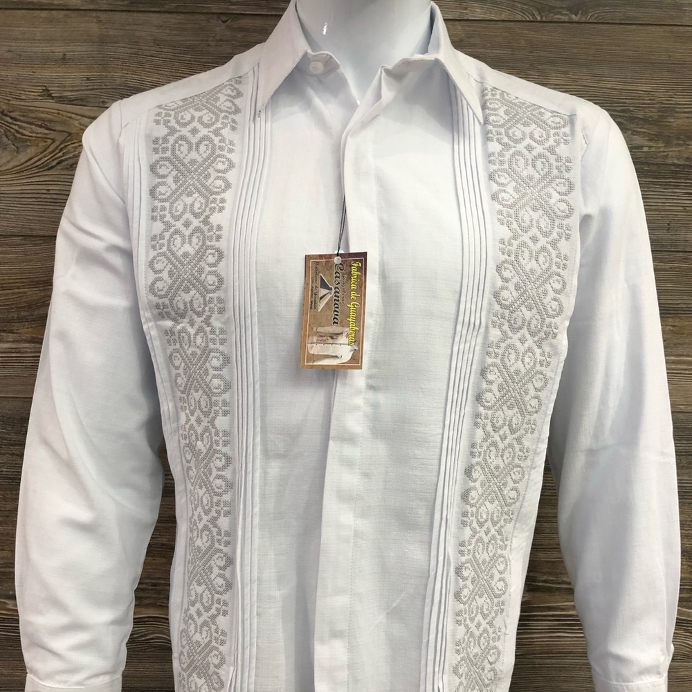 Wedding Shirt Guayabera White Long Sleeve Silver Embroidery